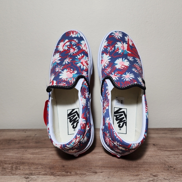 Vans Floral Classic Slip On Blue Red Sneakers Womens Shoes Size 7 - Picture 8 of 11